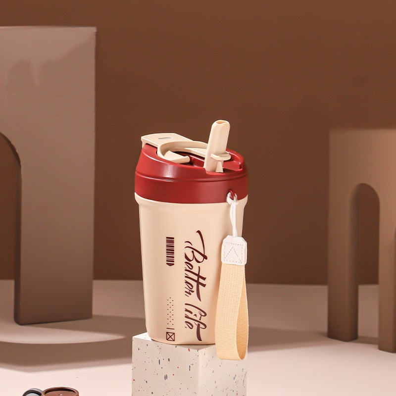 Good-looking 304 Stainless Steel Traveling Mug Straw Cup With Rope Handle Portable Coffee Cup