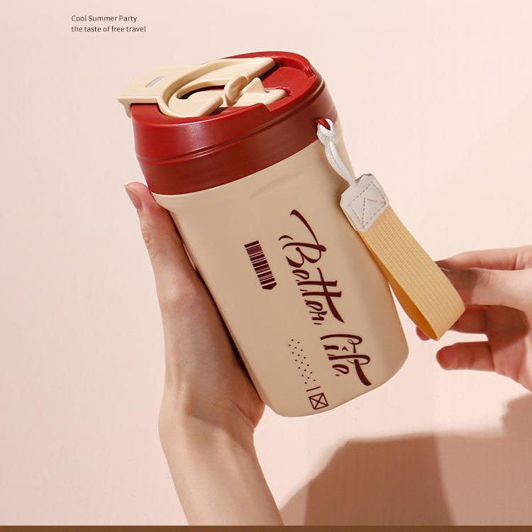 Good-looking 304 Stainless Steel Traveling Mug Straw Cup With Rope Handle Portable Coffee Cup