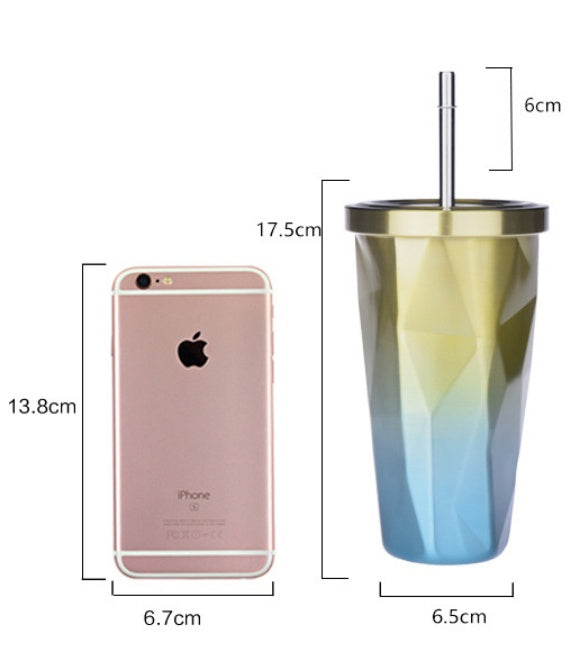 Hot pin tapered cup, diamond shaped vacuum insulated cup with suction cup stainless steel double layer water cup