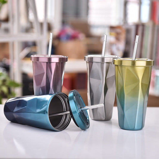 Hot pin tapered cup, diamond shaped vacuum insulated cup with suction cup stainless steel double layer water cup